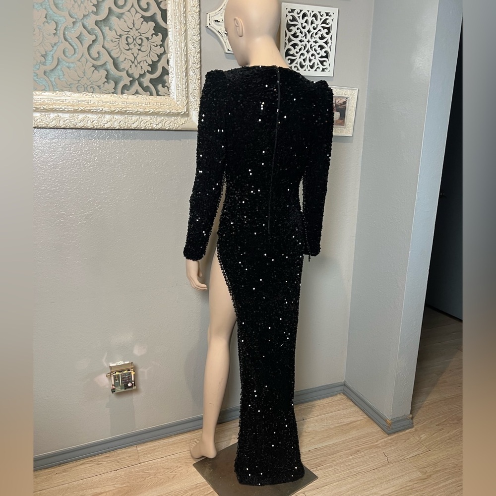 Black Sequin Deep V-Neck cowl neckline Long Sleeve Evening Gown - Picture 10 of 14